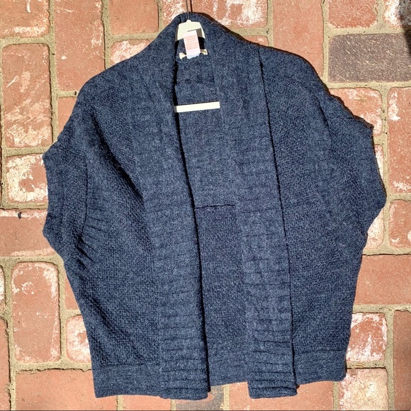 Tulle sleeveless ribbed chunky knit gray blue wrap open front cardigan sweater - Picture 4 of 11